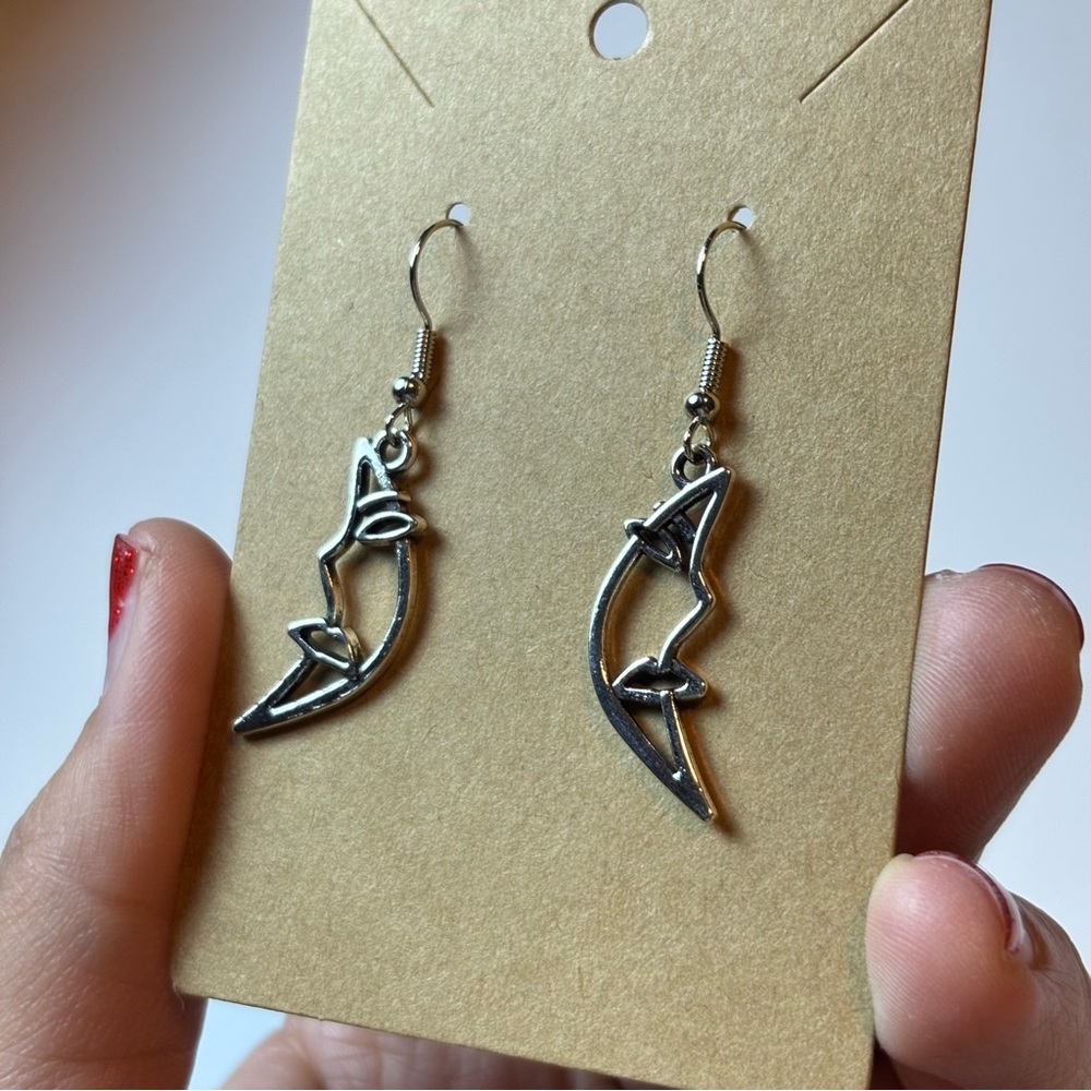 Sassy Silvertone Crescent Moon Dangle Earrings, Cosmic Moon Dangles, Moon Faces